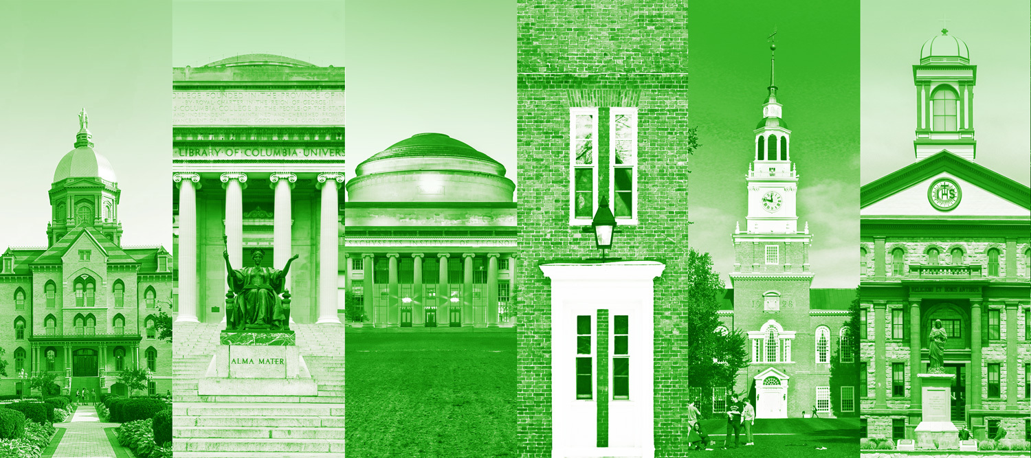 A selection of college buildings cut into vertical strips with green filters.