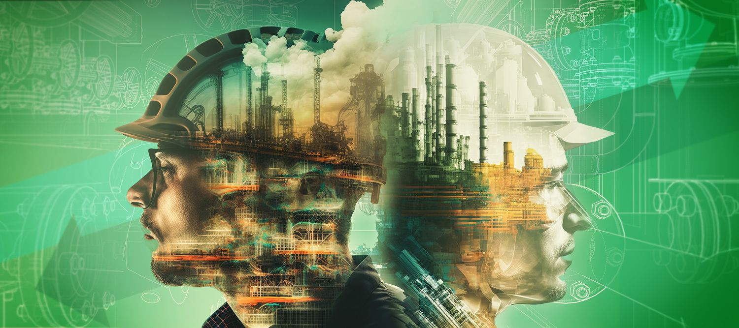 An image of two oil and gas job workers facing away from each other, overlayed with fading refineries in front of a green background.