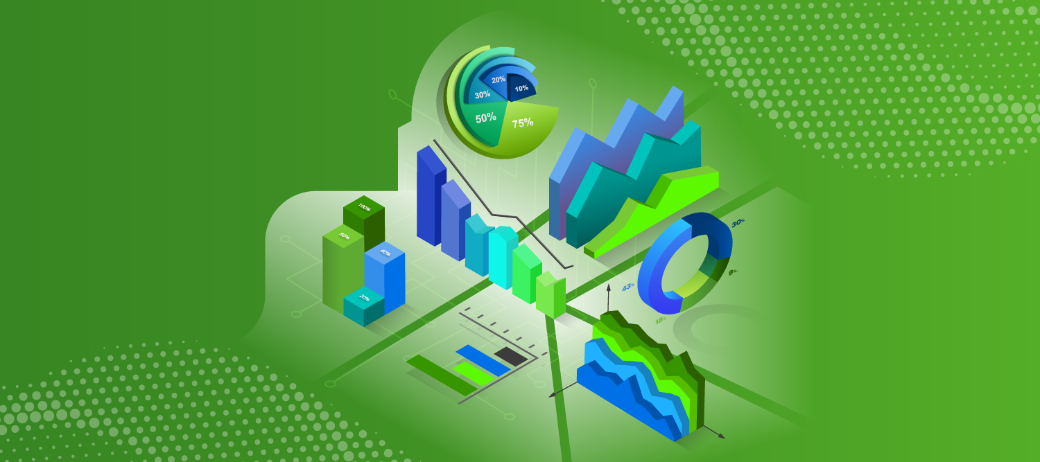 An image of multiple data visualization tools on a green background to headline a blog about effective data storytelling.