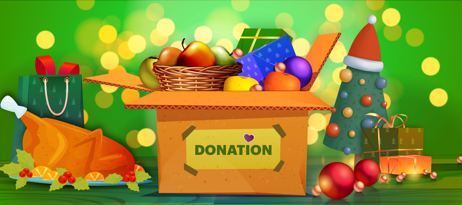 A box full of gifts alongside a turkey on a green background to represent holiday giving.