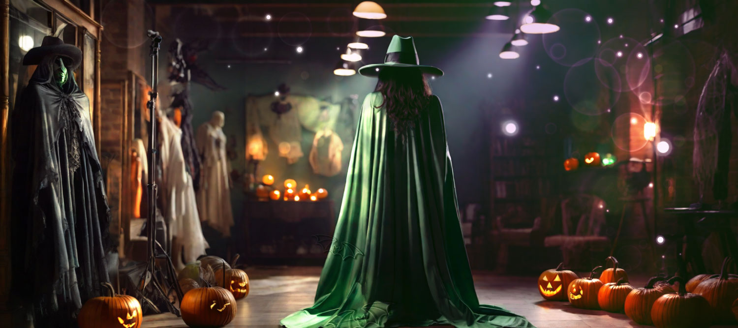 A green Halloween outfit is most prominent in a shop of Halloween costumes, visualizing a blog looking at Halloween costume path to purchase.