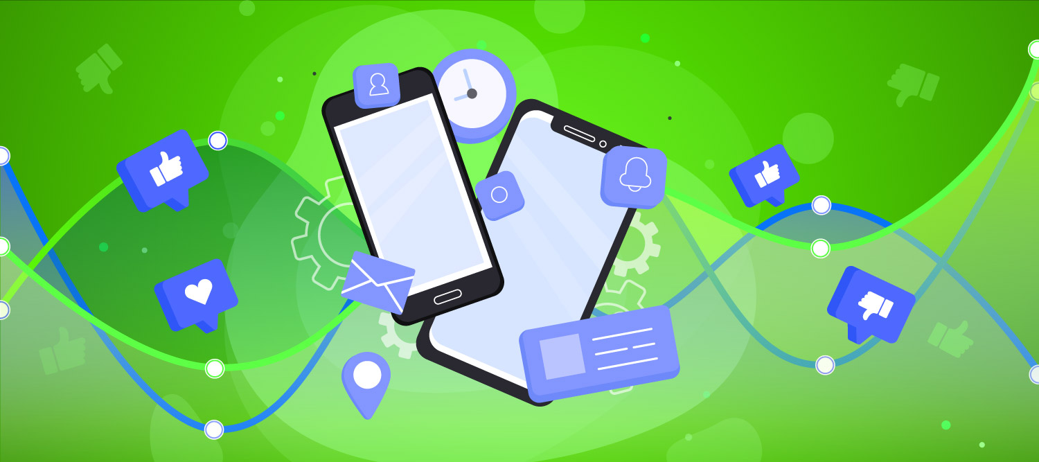 Cell phones imposed over graph lines on a green background to illustrate an operator's customer satisfaction survey analysis.